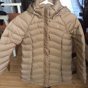 North face transit hooded down tan puffer XS